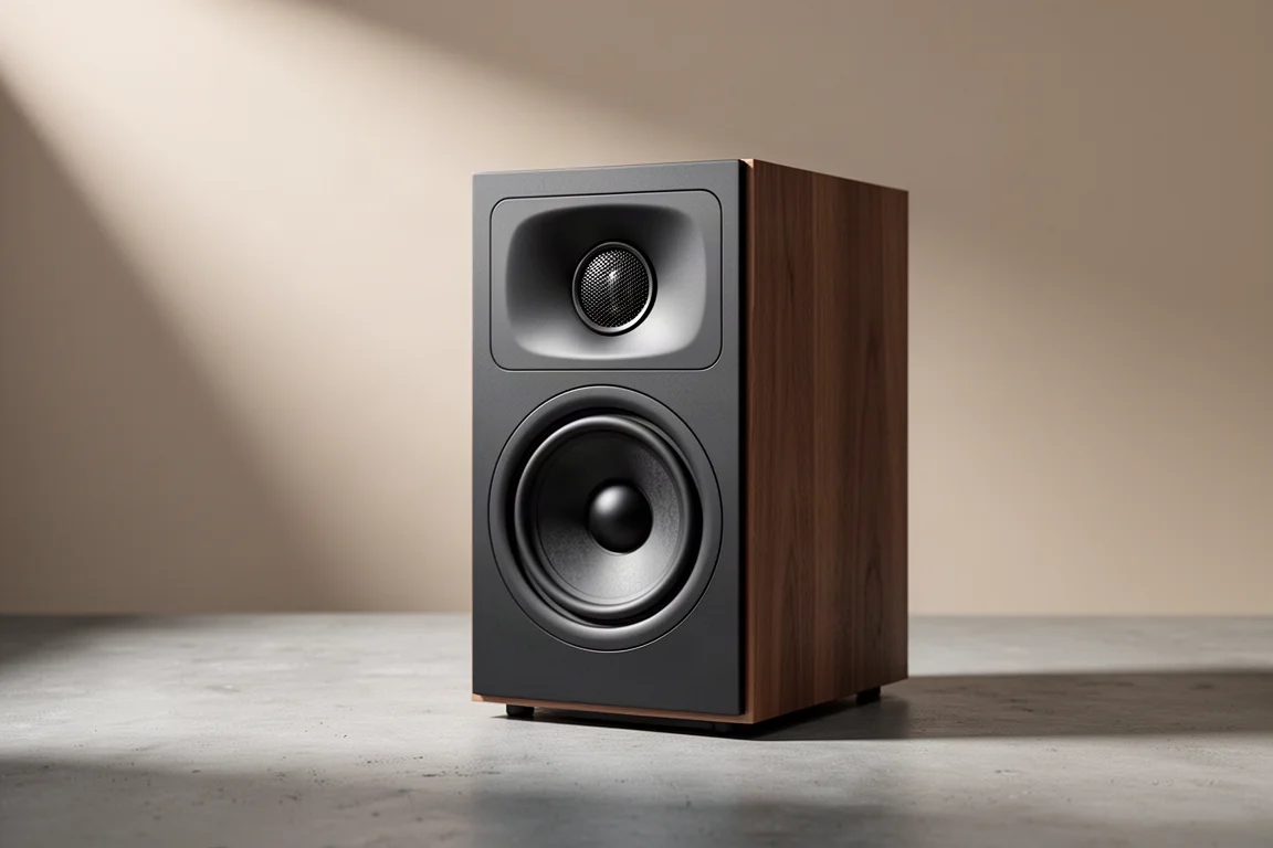 Compact two-way stand-mounted loudspeaker with contrasting front baffle on a concrete surface