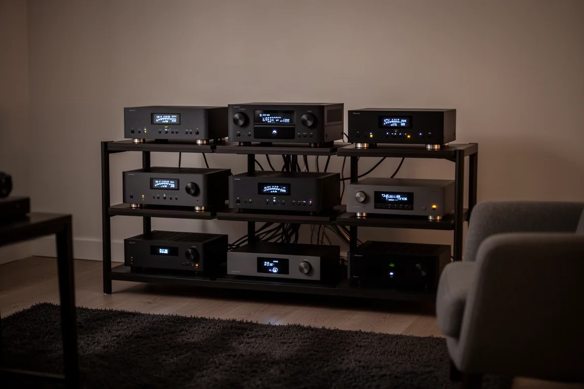 Hi-fi-utrustningsställ i ett dunkelt rum med mjukt lysande displayer och prydligt dragna kablar