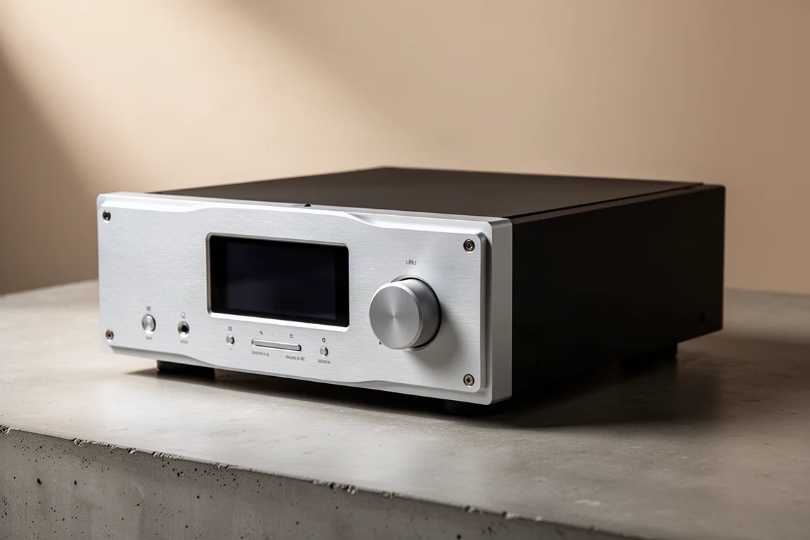 Hi-fi DAC with machined aluminium front panel and small touchscreen on a concrete surface