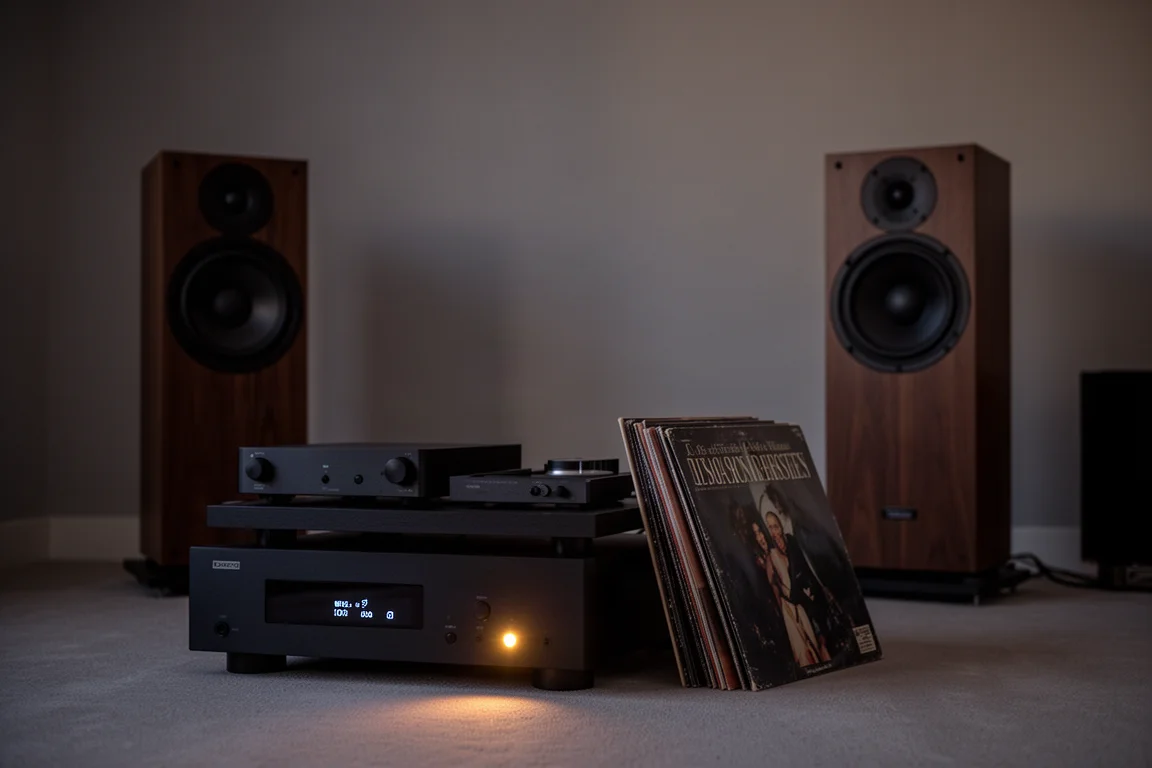Rack hi-fi e diffusori da pavimento in una sala d'ascolto in penombra al crepuscolo