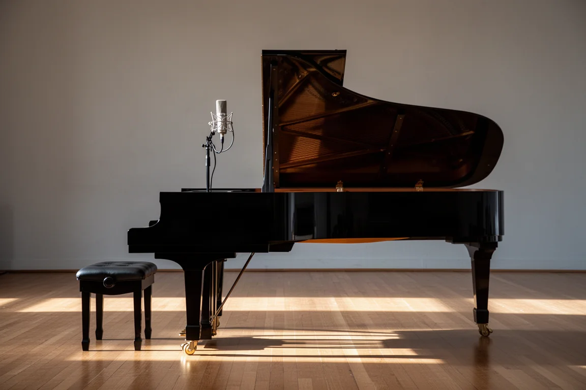 Pianoforte a coda in una sala da recital vuota con un microfono sopra le corde