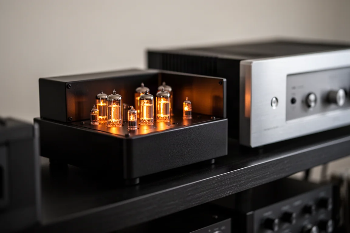 Valvole luminose nel telaio di un amplificatore accanto a un pannello frontale a stato solido