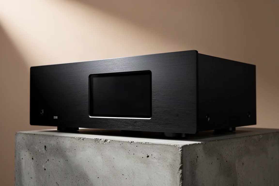 Solid state preamplifier with matte black front panel and centred touchscreen on concrete