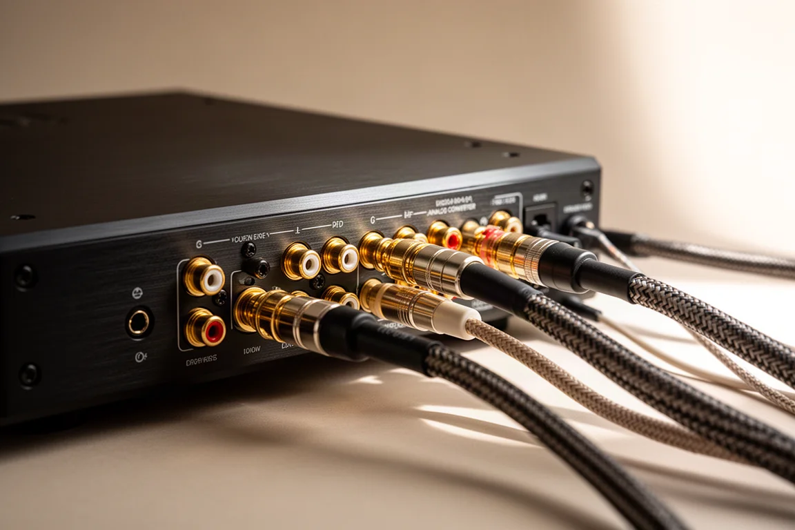 Baksidan av en hifi-konverterare med balanserade och obalanserade kablar anslutna
