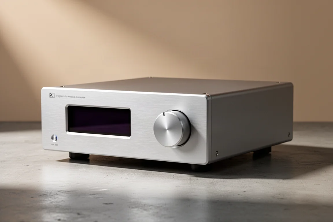 Silver full-size hi-fi digital-to-analog converter with small display and rotary knob