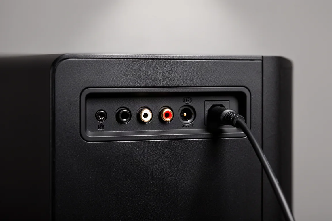 Rückseite eines kompakten Lautsprechers mit Anschlussports und einem Netzkabel