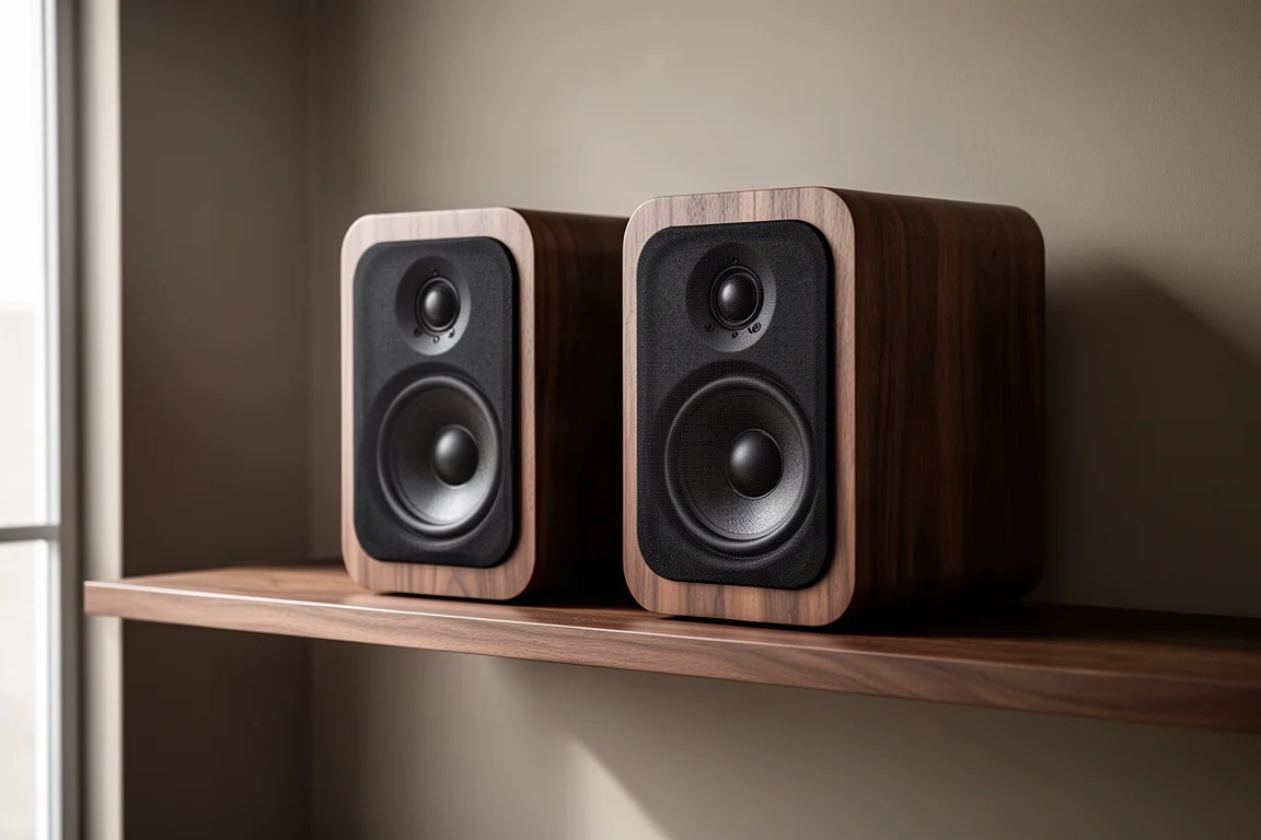 Pair of compact powered bookshelf speakers with wood-grain cabinets on a walnut shelf