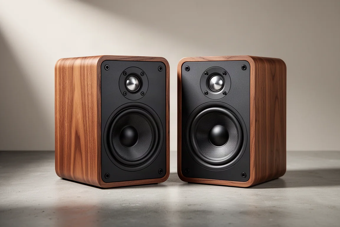 Compact walnut PSB Alpha P3 bookshelf speakers on a matte concrete surface