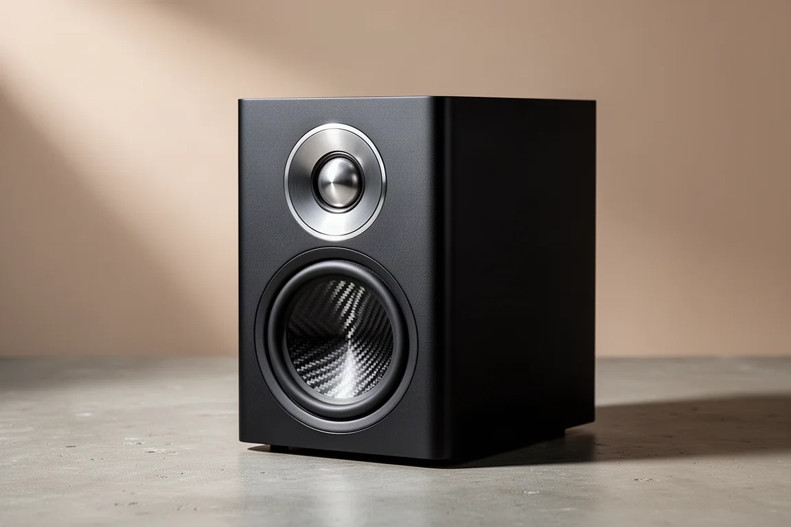 Compact black bookshelf speaker with titanium dome tweeter and carbon fiber driver