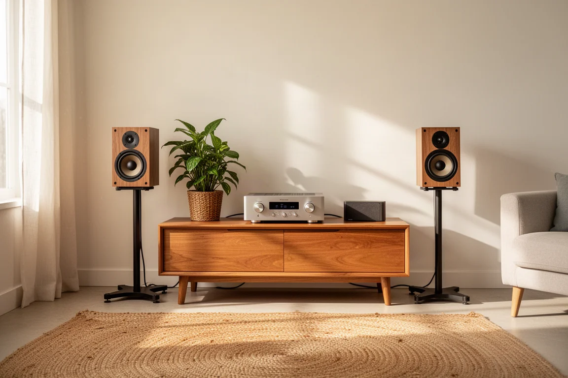 Compact hi-fi setup with two bookshelf speakers on stands in a bright living room