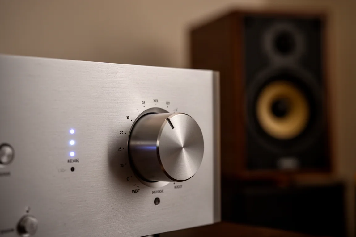 Close-up of a brushed aluminium amplifier volume dial in a dim listening room