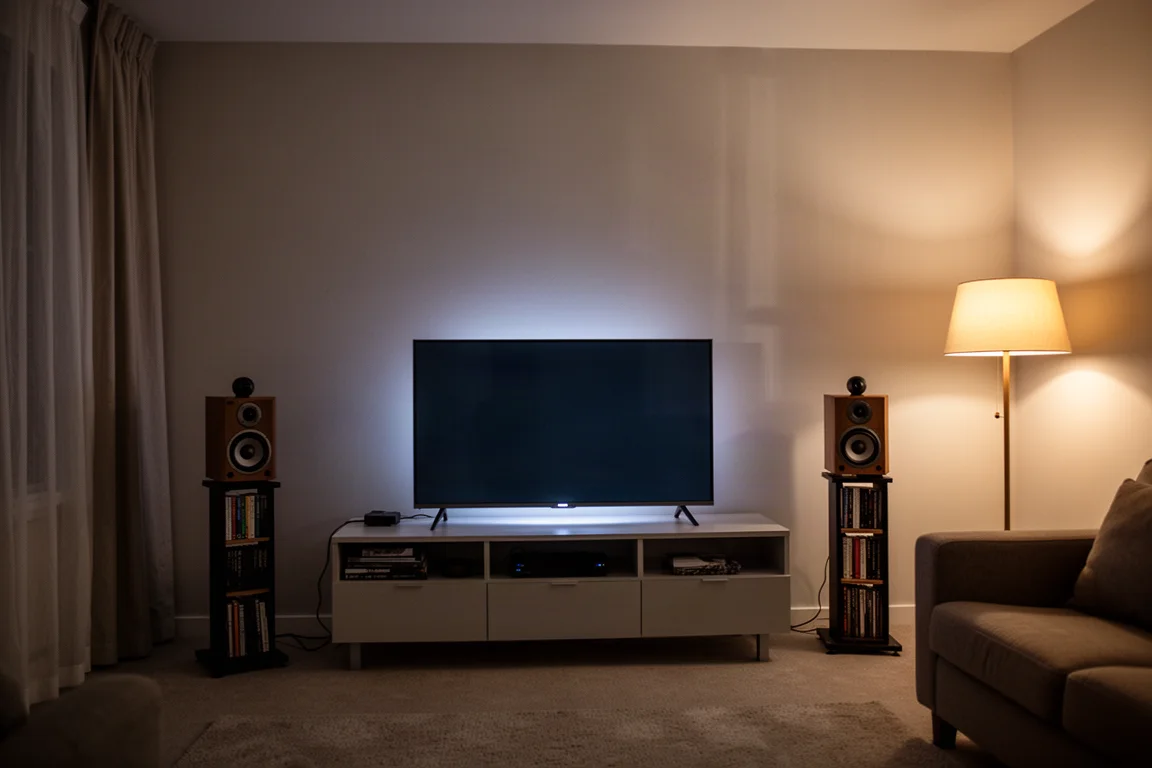Living room at night with a television glowing between two bookshelf speakers