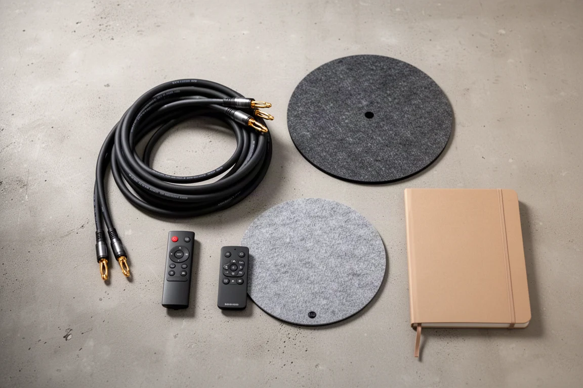 Overhead flat-lay of speaker cable, banana plugs and hi-fi accessories on concrete