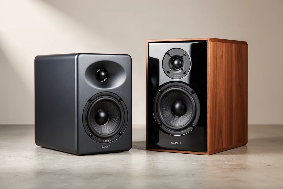 Two compact two-way bookshelf speakers side by side on a matte concrete surface