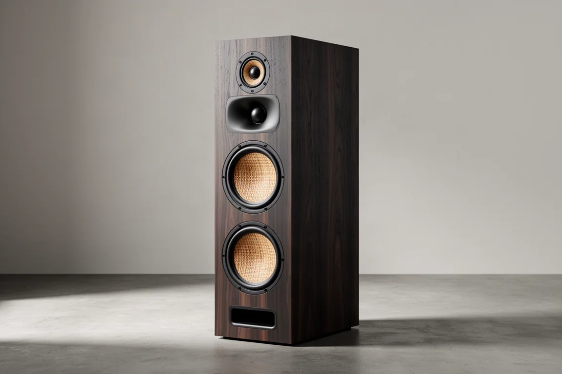 Tall three-way tower speaker with two mid-bass drivers and a dome tweeter in a shallow waveguide