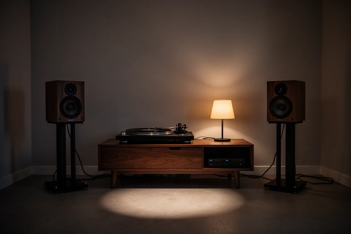 Sala de escucha en penumbra por la noche con altavoces pequeños sobre soportes y luz cálida de lámpara