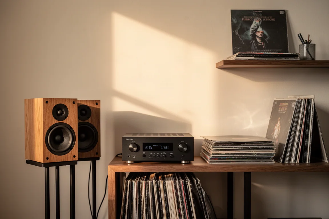 Rincón de escucha con altavoces, discos de vinilo y un amplificador pequeño bajo una luz cálida
