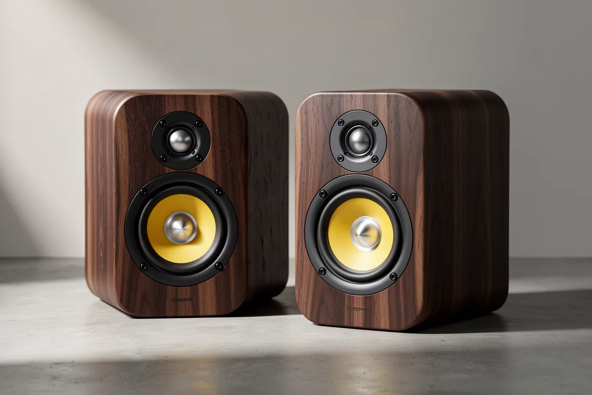 Pair of compact PSB Imagine XB bookshelf speakers with grilles removed on a concrete surface
