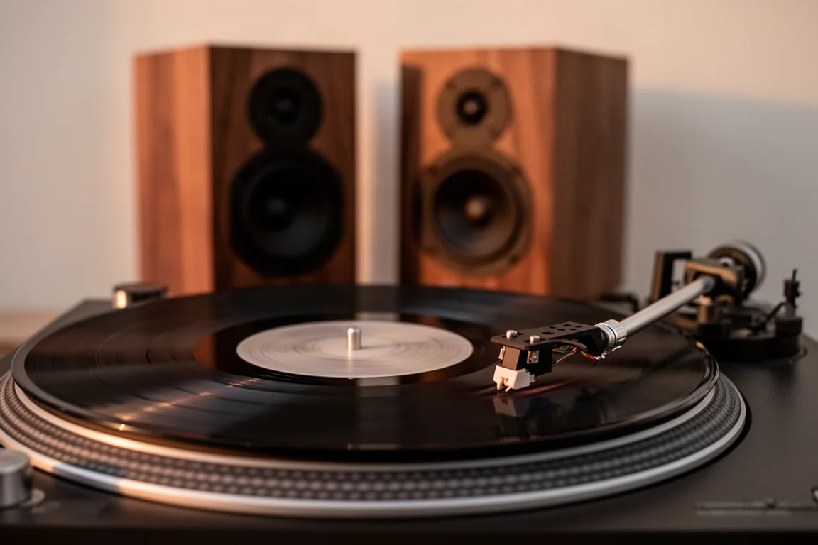 Närbild på en vinylskiva som snurrar på en skivspelare med högtalare suddiga i bakgrunden