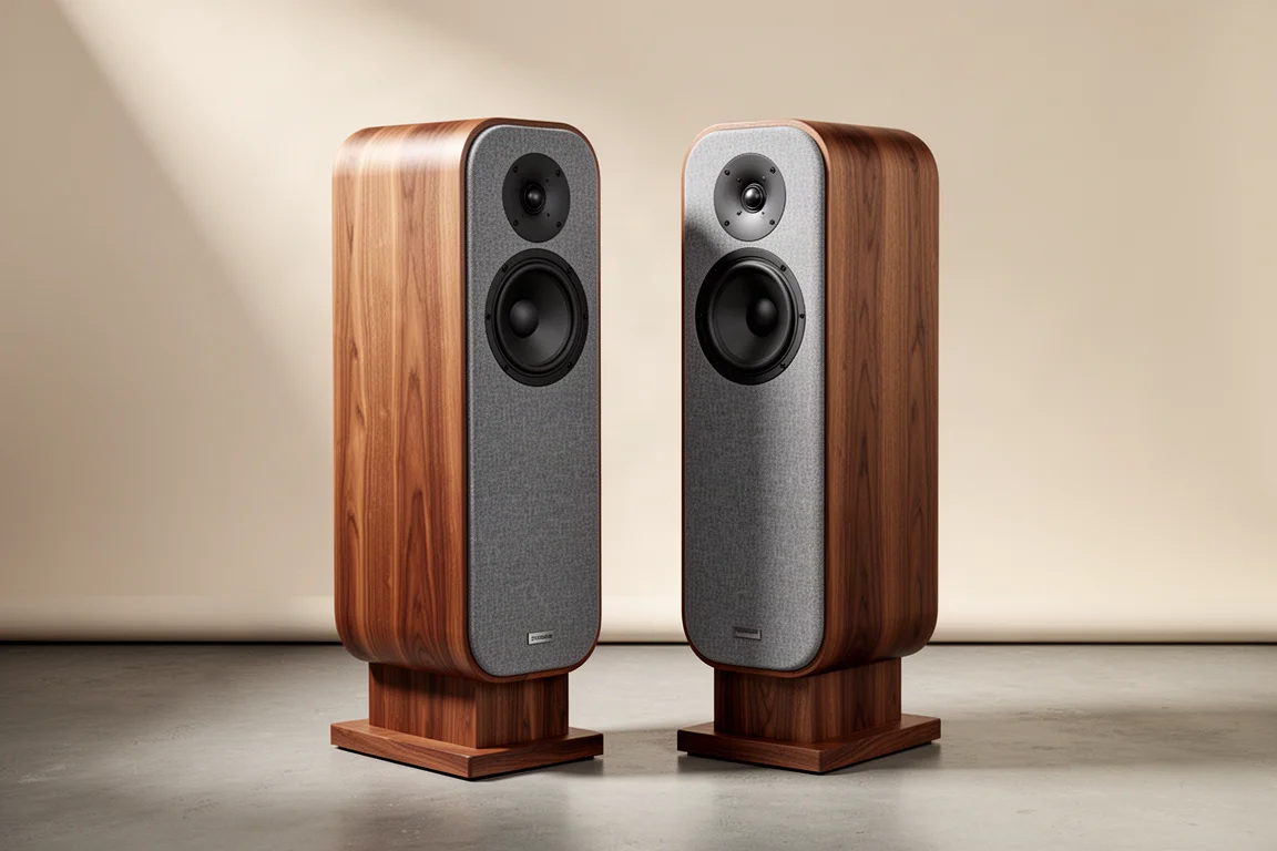 PSB Passif 50 stand-mount speakers in walnut with cloth grilles on short plinths