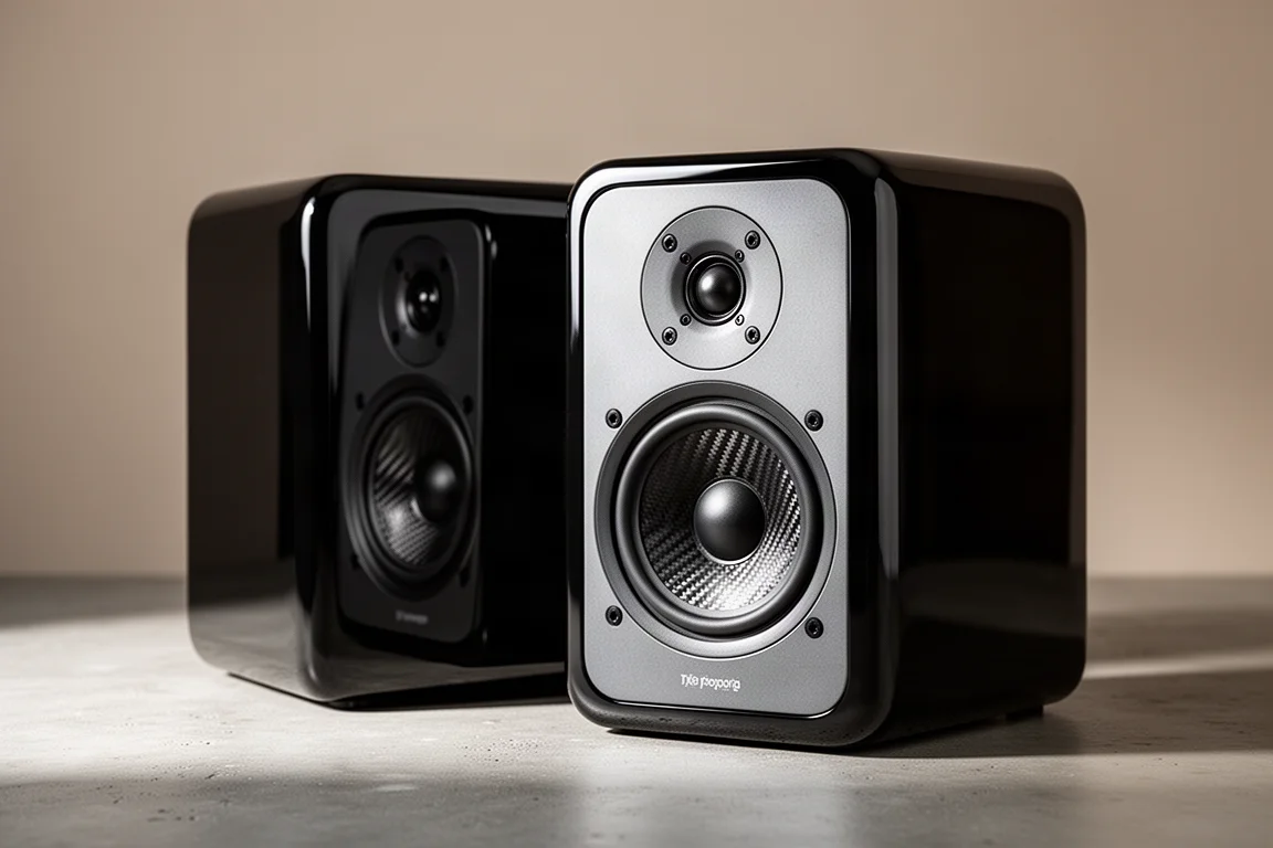 Pair of gloss black standmount speakers with aluminium baffles on a concrete surface