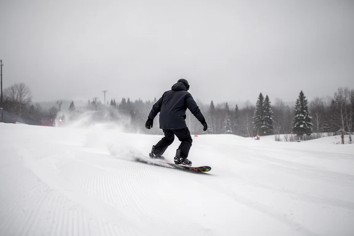 Snowboarder zieht Schwünge über eine präparierte Piste unter einem flachen, grauen bewölkten Himmel