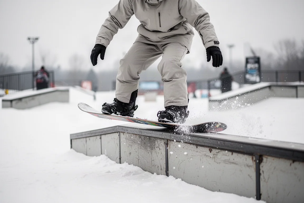 Snowboarder drückt die Nose eines Boards auf einer niedrigen Park-Box