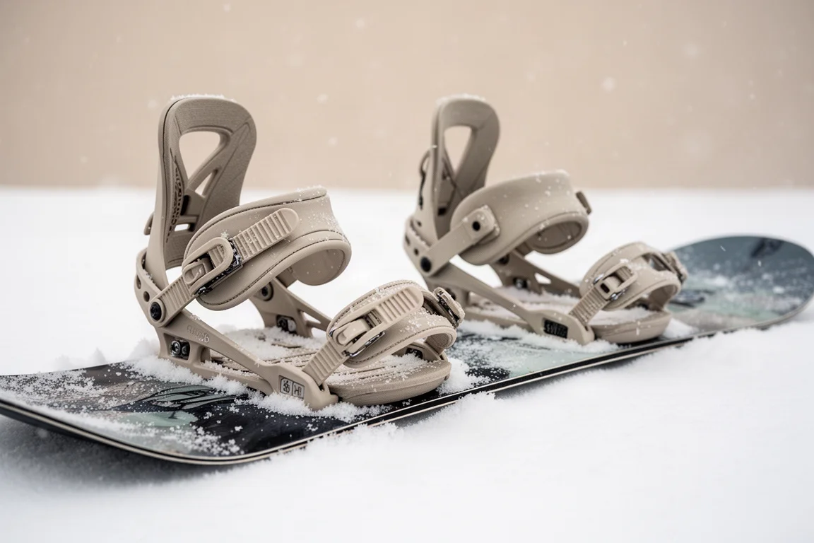 Nahaufnahme einer Snowboard-Bindung an einem Board, das im Schnee liegt