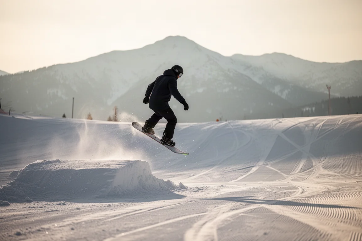 Snowboarder springt von einem kleinen Schneewall im Licht des späten Nachmittags ab