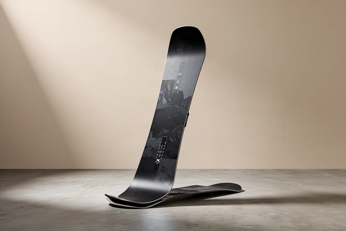 Twin-tip park snowboard standing upright on a matte concrete surface in soft studio light