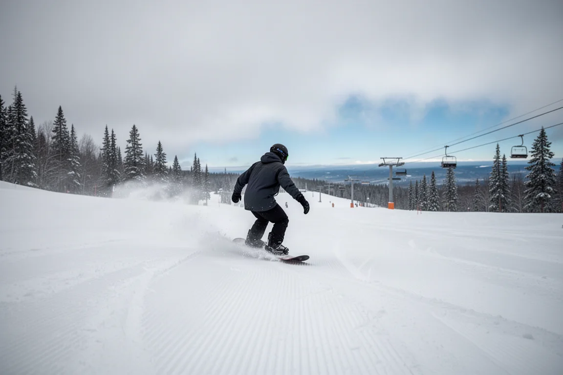Snowboardåkare sett bakifrån som carvar en preparerad pist under mulen himmel