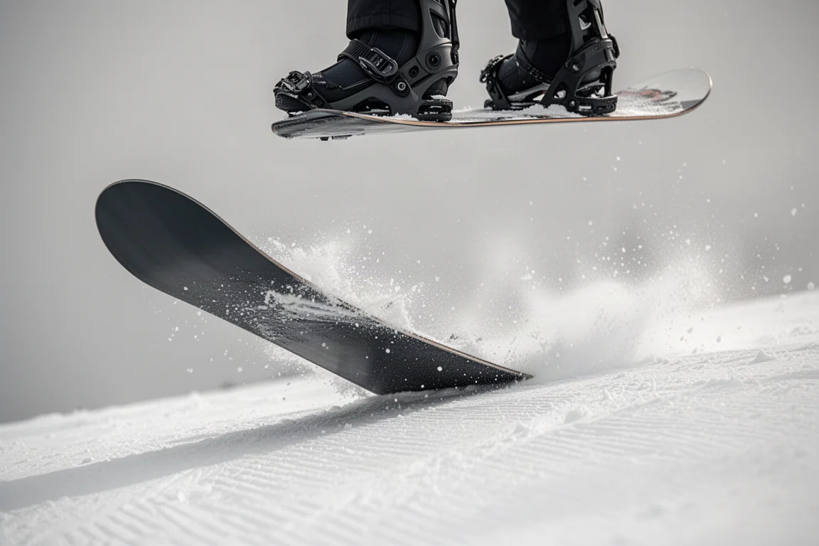 Snowboardsvans tryckt ner i en preparerad sluttning med snösprut som fångar ljuset