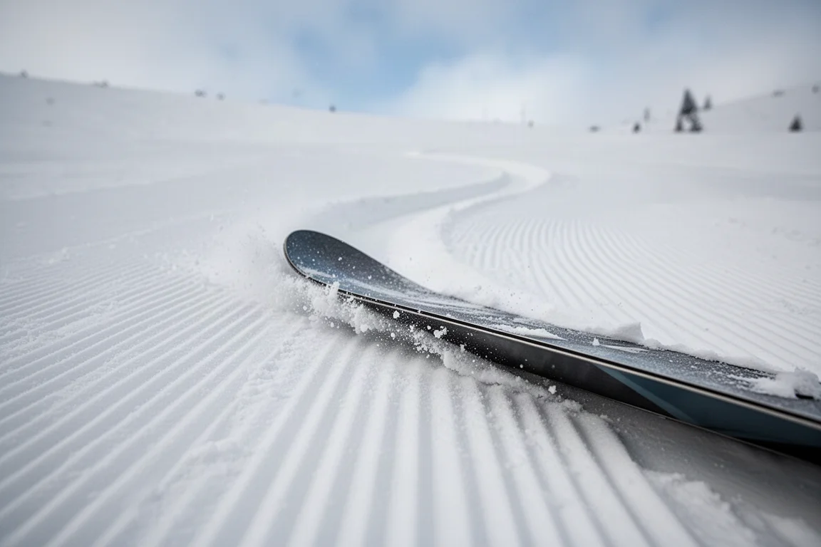 Snowboardkant som skär en tunn fåra i corduroy på en öppen preparerad pist