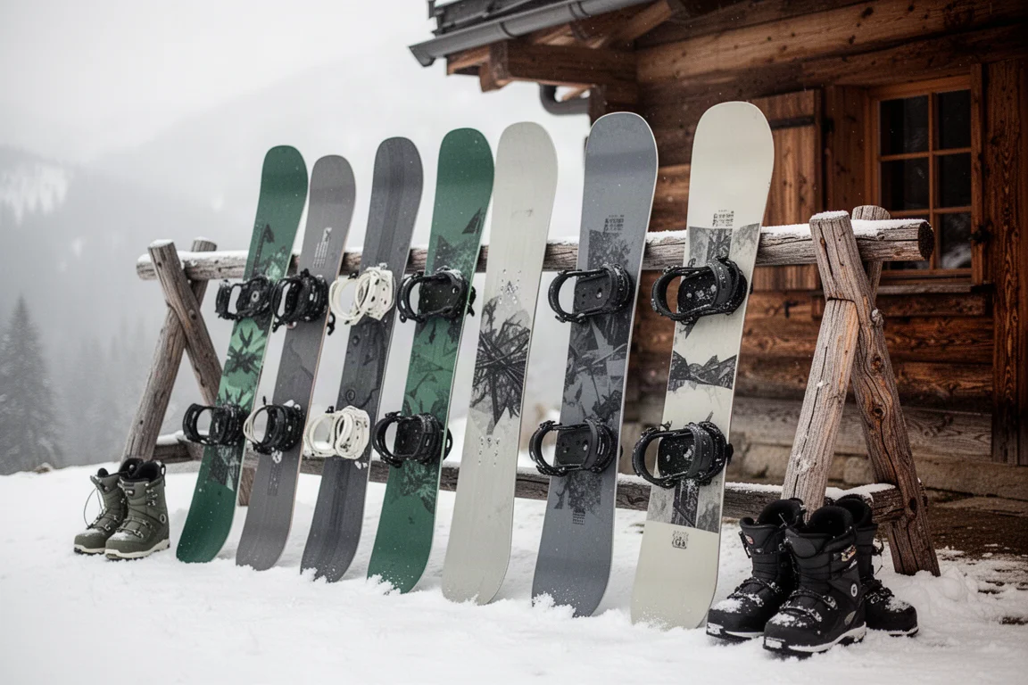 Rad av snowboards lutade mot ett träställ utanför en fjällstuga