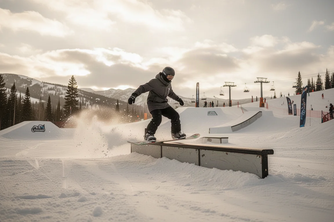 Snowboardeur abordant un rail de park sur une piste molle et dégelee