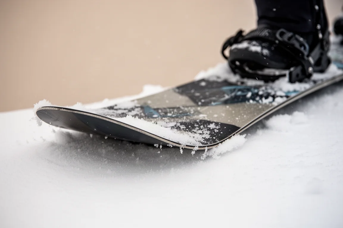 Gros plan sur le nose d'une snowboard fléchissant en press sur la neige