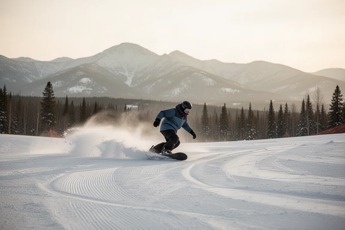 Snowboardeur carvant une belle prise de carre sur une piste damée