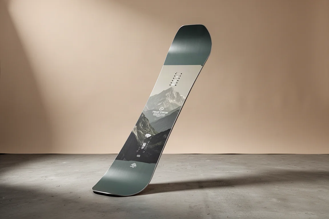 Snowboard true twin Public General posé sur une surface en béton