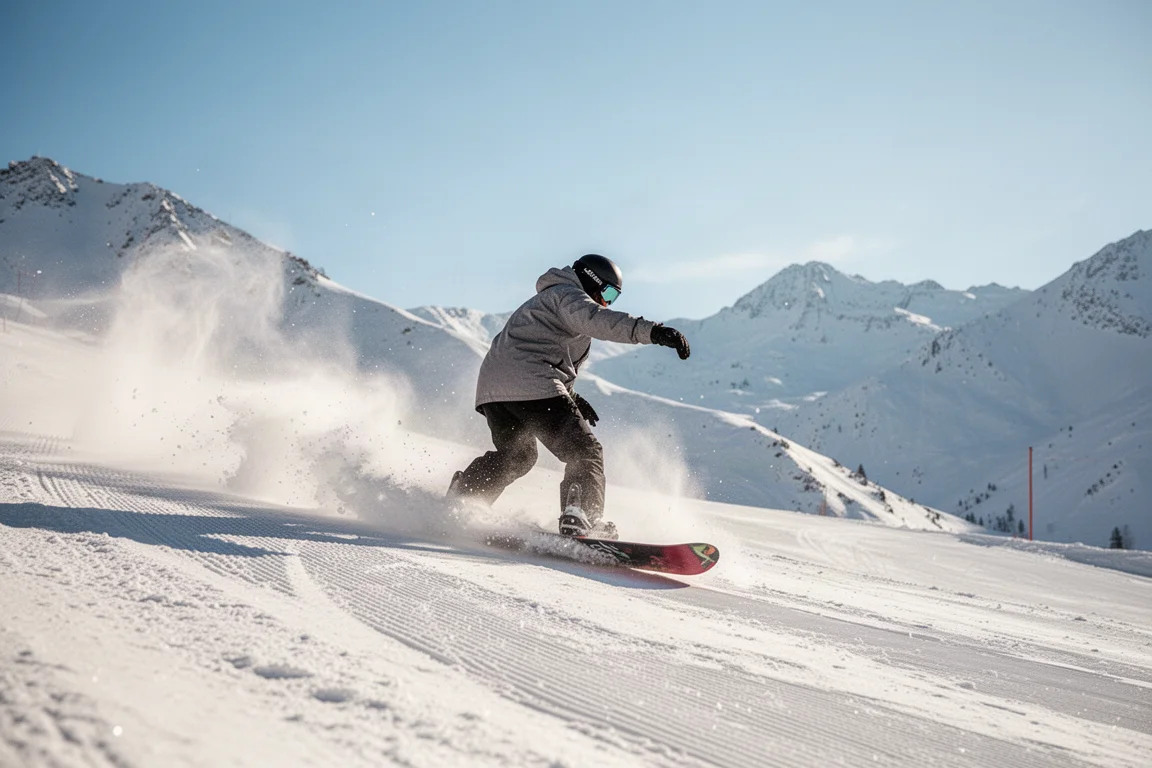 Snowboarder carving through fresh powder on a sunny groomed run