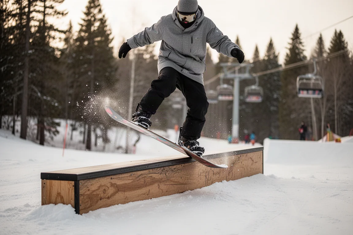 Snowboarder pressing the nose of the board on a low rail feature