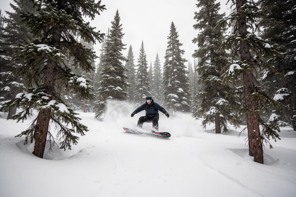 Snowboarder riding through trees on a low-angle powder slope