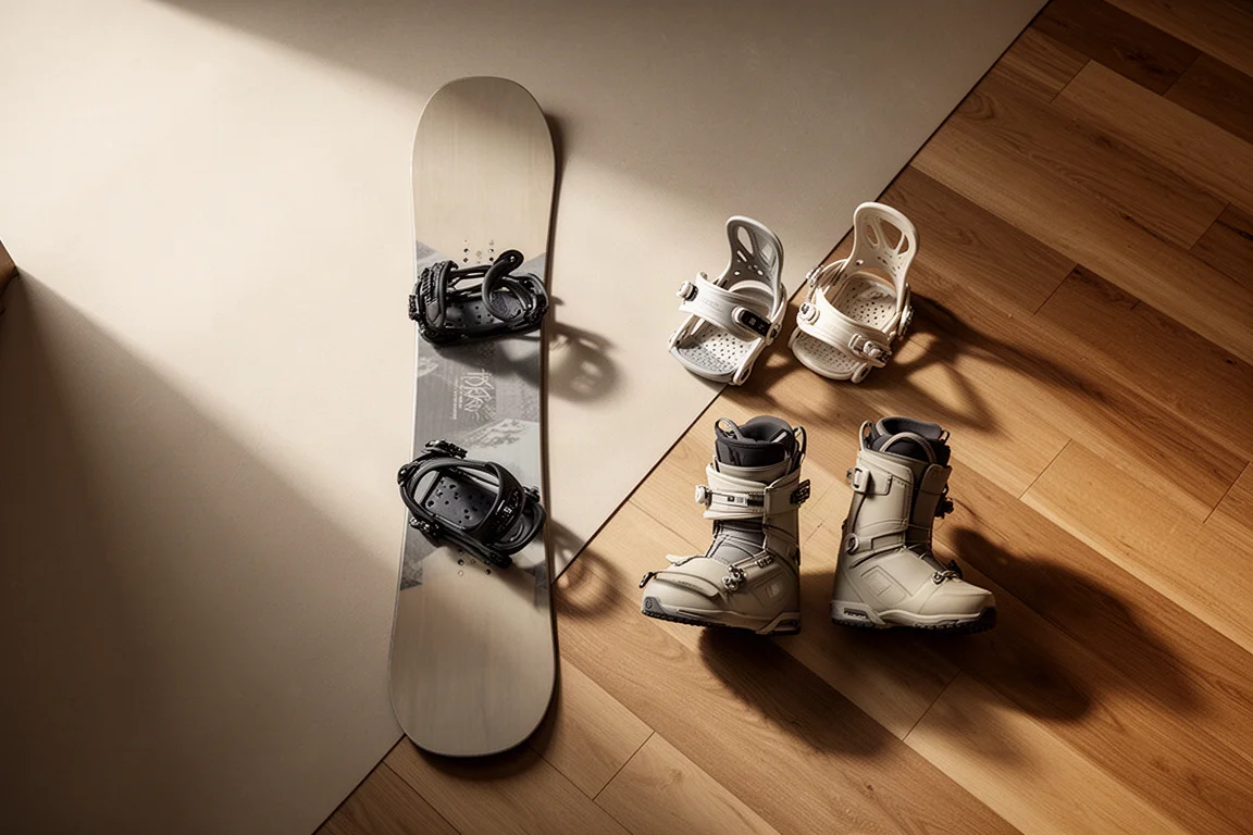 Snowboard and bindings laid flat on a wooden floor in a lodge