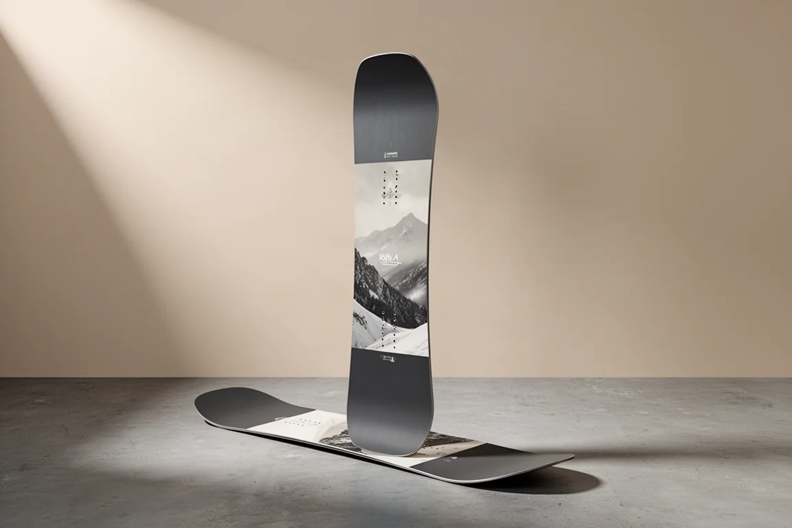 Snowboard Public Outreach in verticale sul cemento con profilo del camber piatto ben visibile