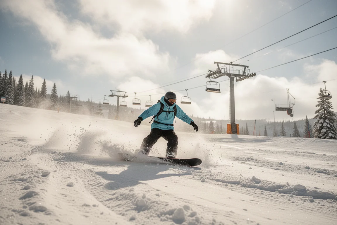 Snowboarder bei einer Frühlings-Slush-Parkrunde in einem Skigebiet