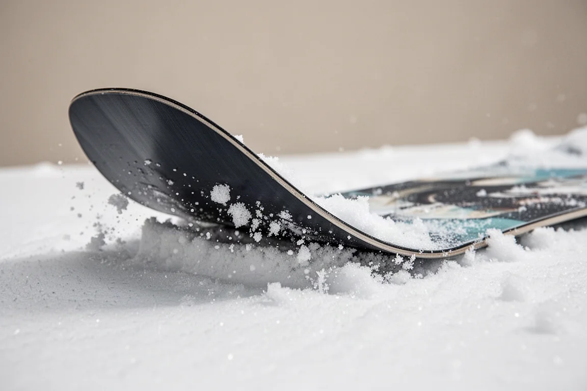 Nahaufnahme eines Snowboard-Tails, belastet gegen festen Schnee