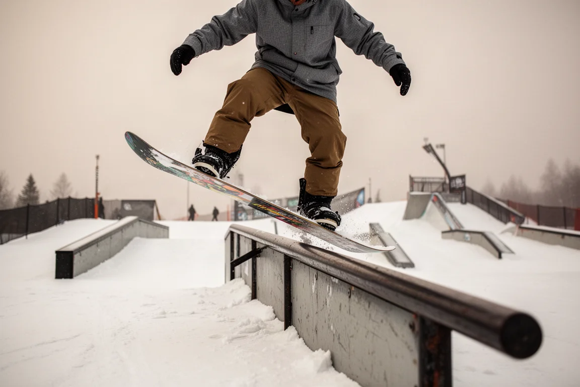 Snowboarder presst eine Rail in einem Terrainpark