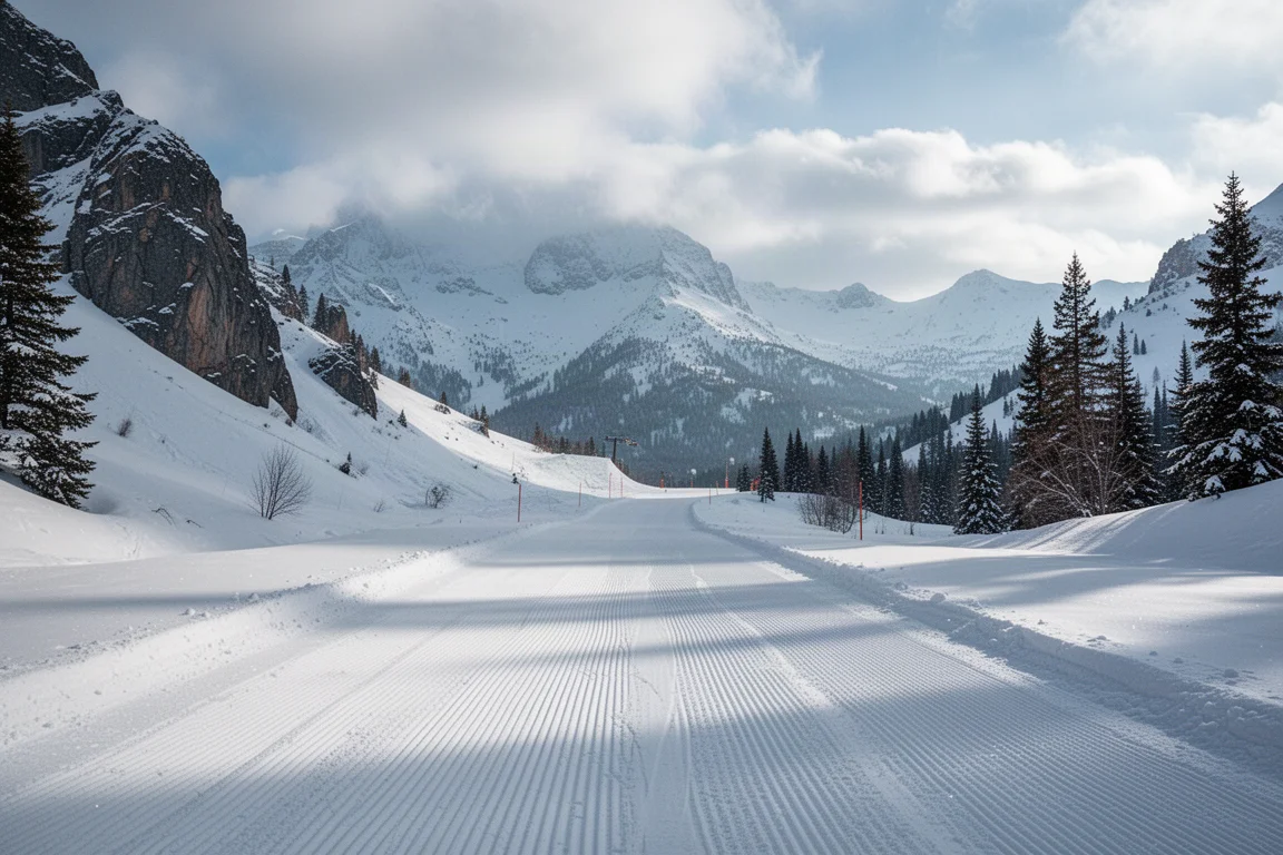 Groomed corduroy trail at a mountain resort under mixed sun and cloud
