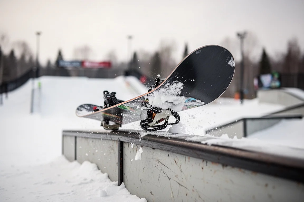 Snowboard bent into a nose press on a low park rail with snow spray
