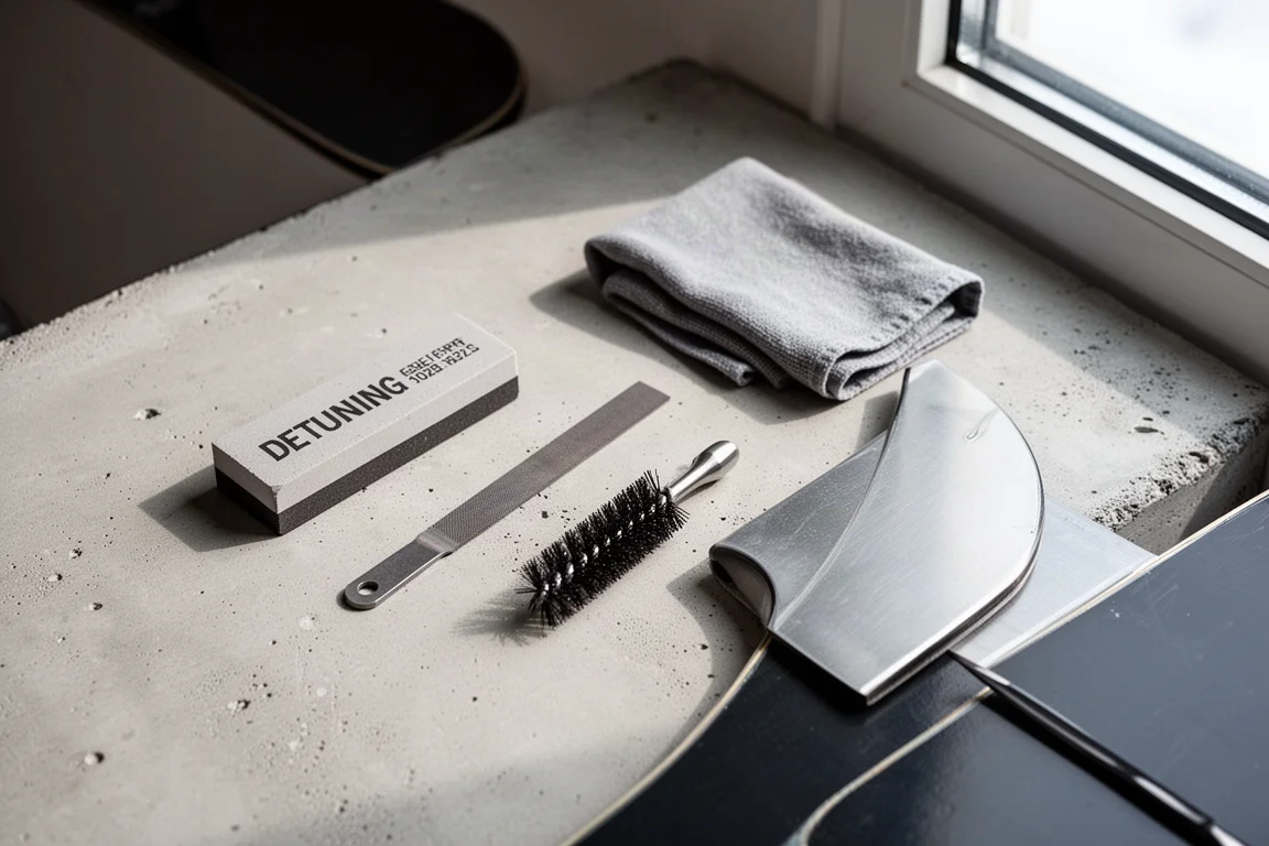 Snowboard tuning tools and a detuning stone arranged on a concrete bench