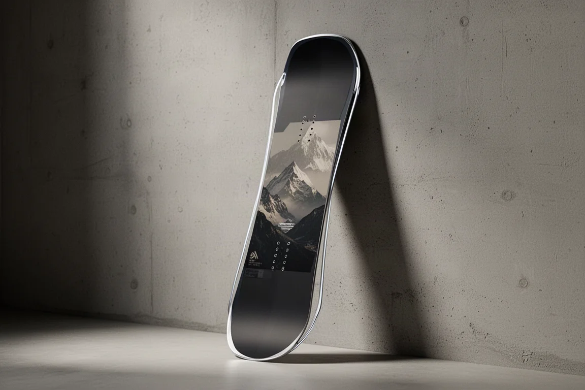 Traditional camber snowboard standing upright against a concrete wall